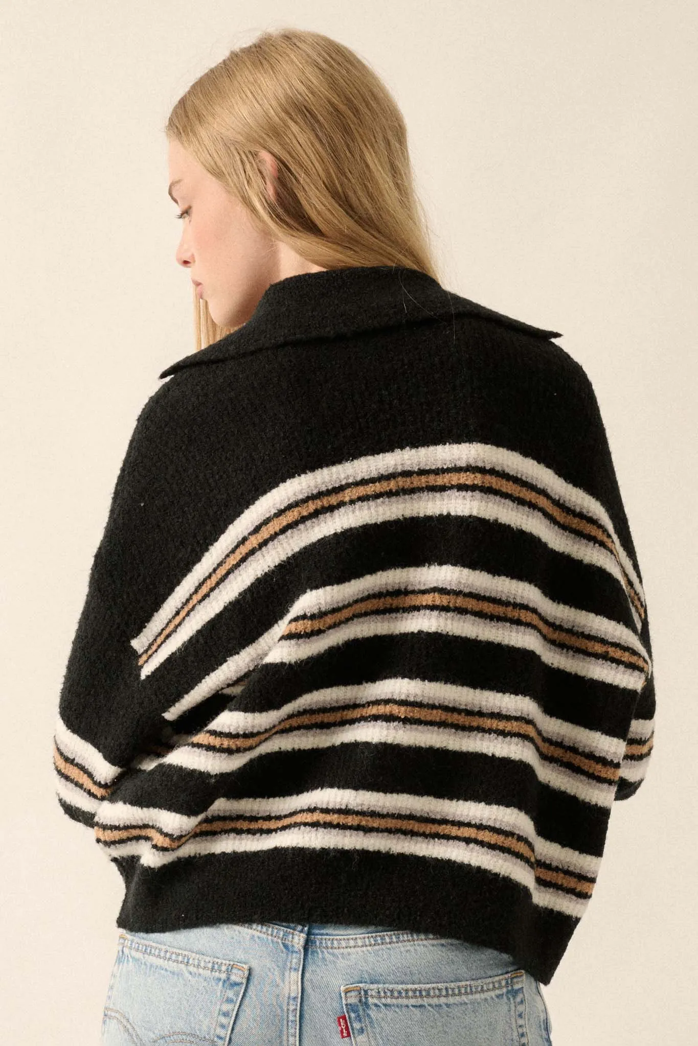 First in Line Striped Split-Neck Collared Sweater