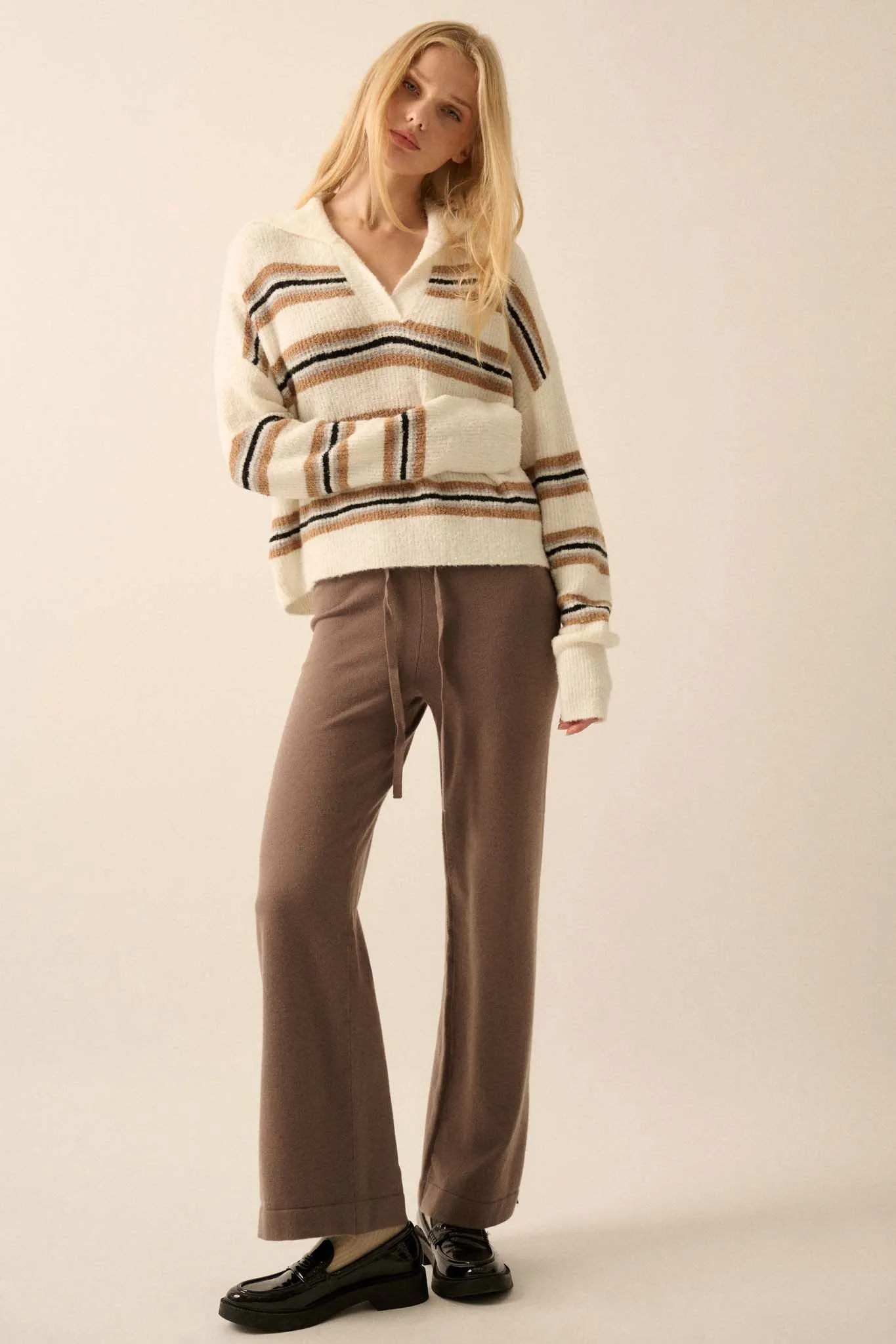 First in Line Striped Split-Neck Collared Sweater