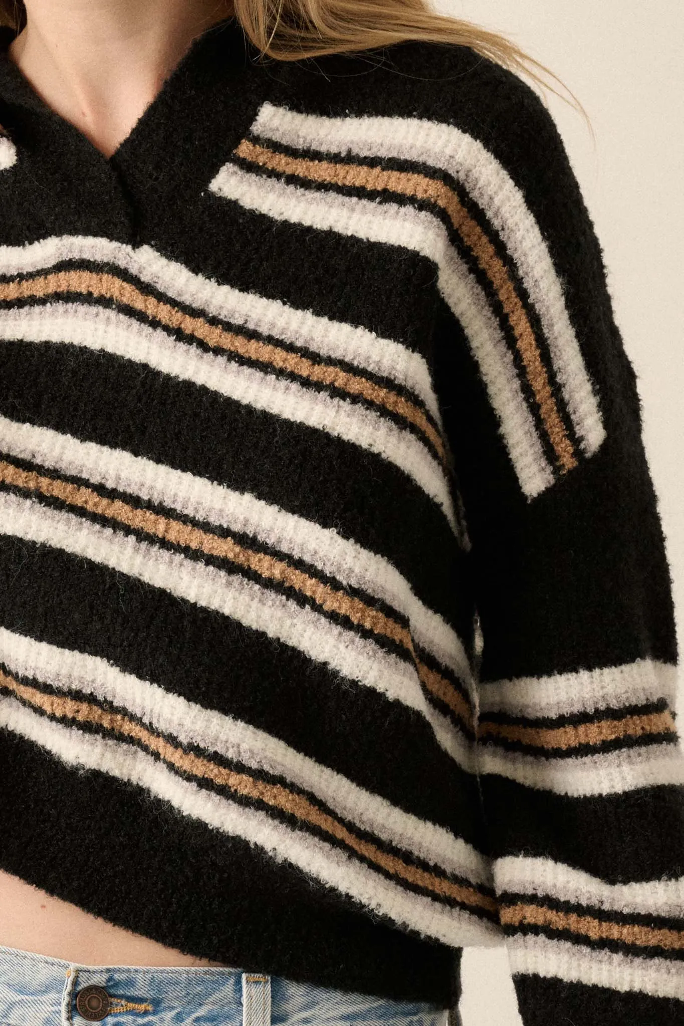First in Line Striped Split-Neck Collared Sweater