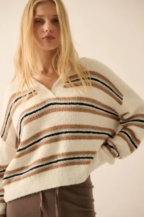 First in Line Striped Split-Neck Collared Sweater