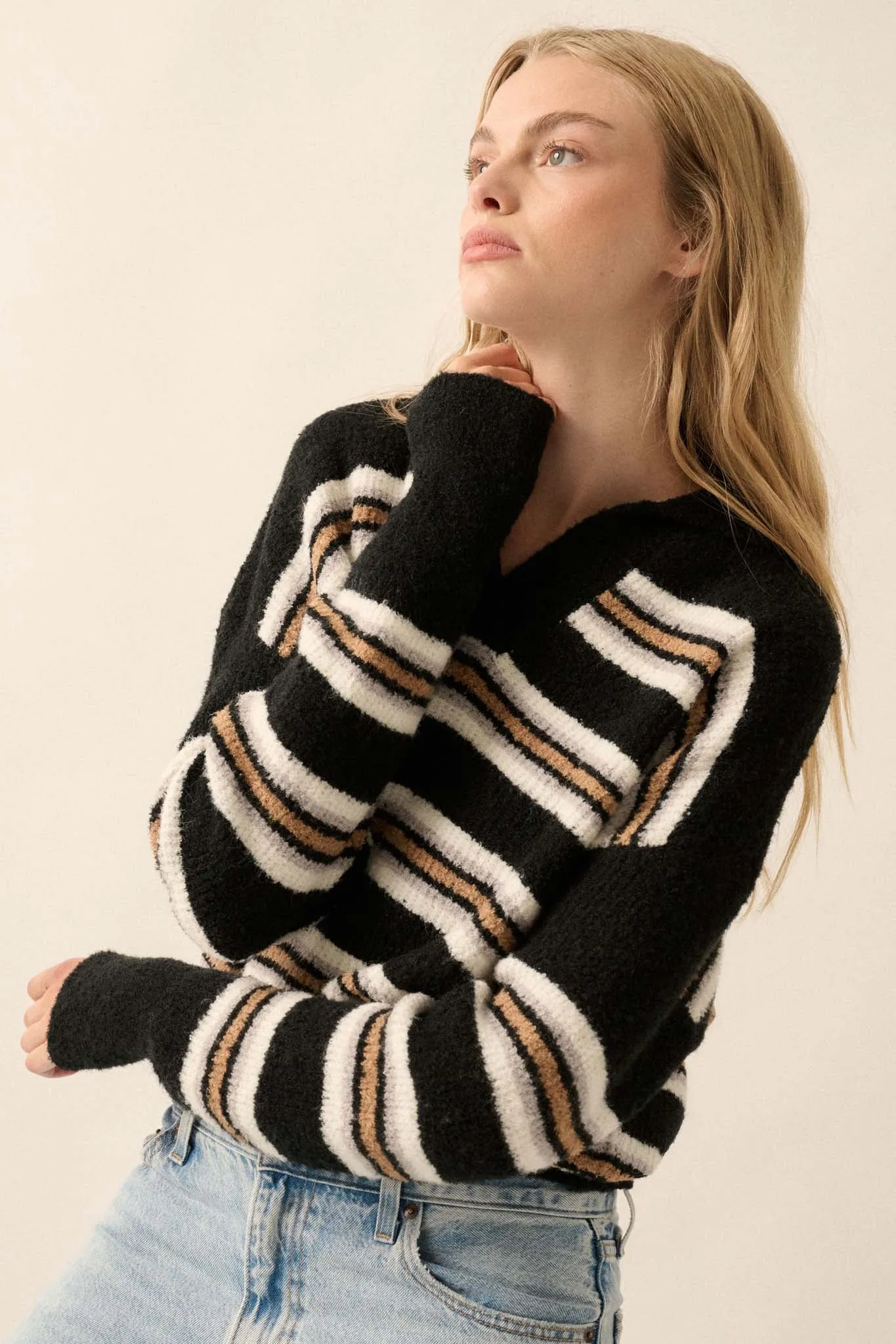 First in Line Striped Split-Neck Collared Sweater