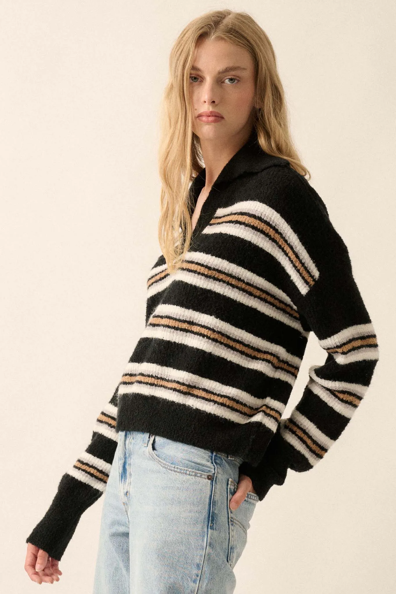 First in Line Striped Split-Neck Collared Sweater