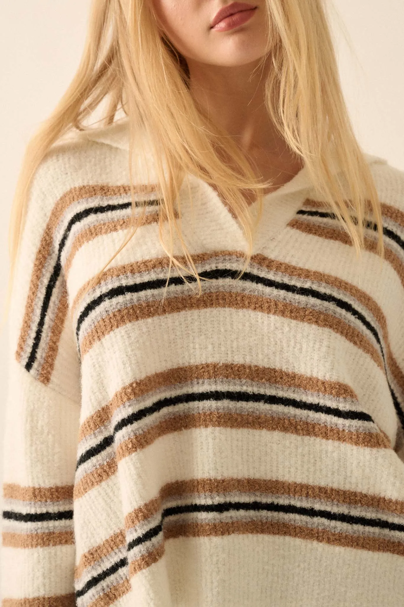 First in Line Striped Split-Neck Collared Sweater
