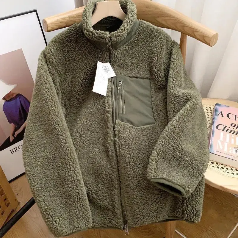 Getadme Couple's Autumn/Winter New Zipper Loose Windproof Pocket Jacket Casual Stand Up Collar Warm Lamb Wool Coat Outdoors Running Wear