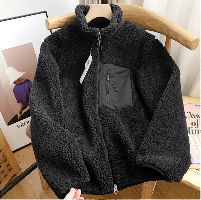 Getadme Couple's Autumn/Winter New Zipper Loose Windproof Pocket Jacket Casual Stand Up Collar Warm Lamb Wool Coat Outdoors Running Wear