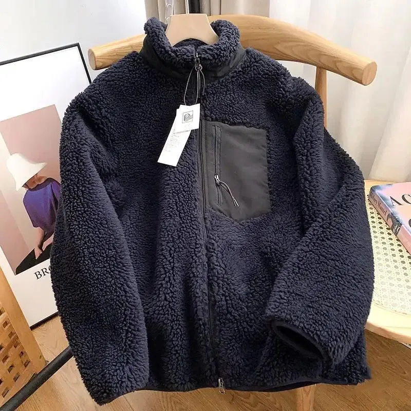 Getadme Couple's Autumn/Winter New Zipper Loose Windproof Pocket Jacket Casual Stand Up Collar Warm Lamb Wool Coat Outdoors Running Wear