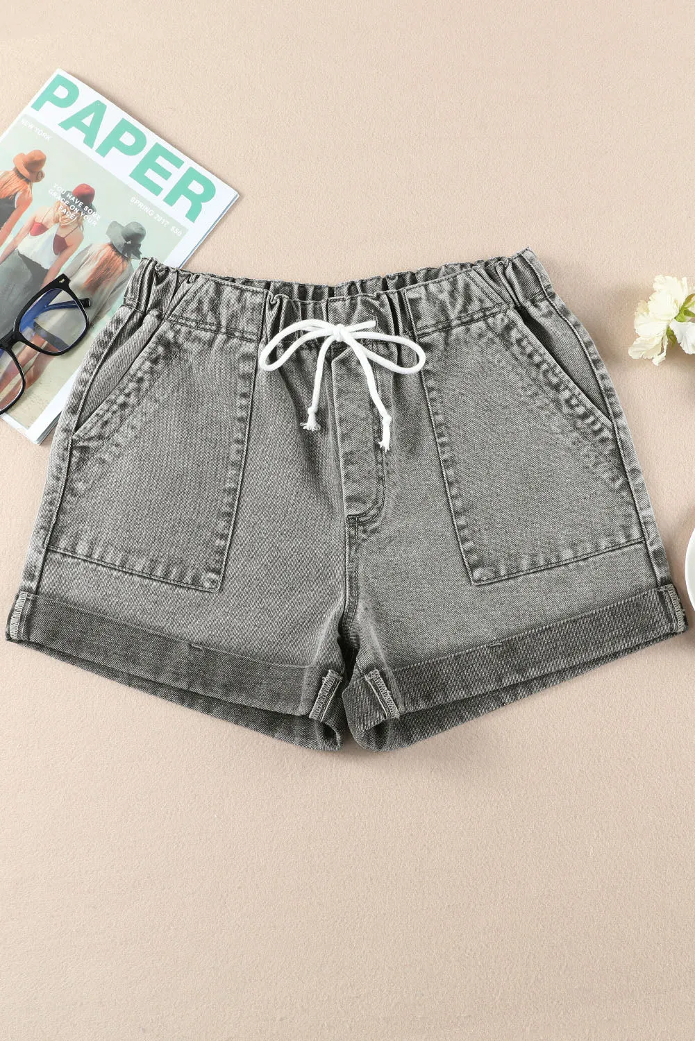 Gray Pocketed Drawstring High Waist Denim Shorts