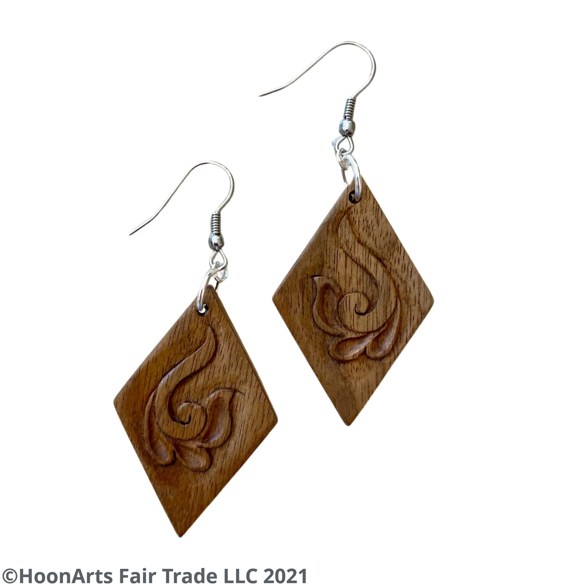 Hand Carved Earrings - Swirled Flower on Diamond
