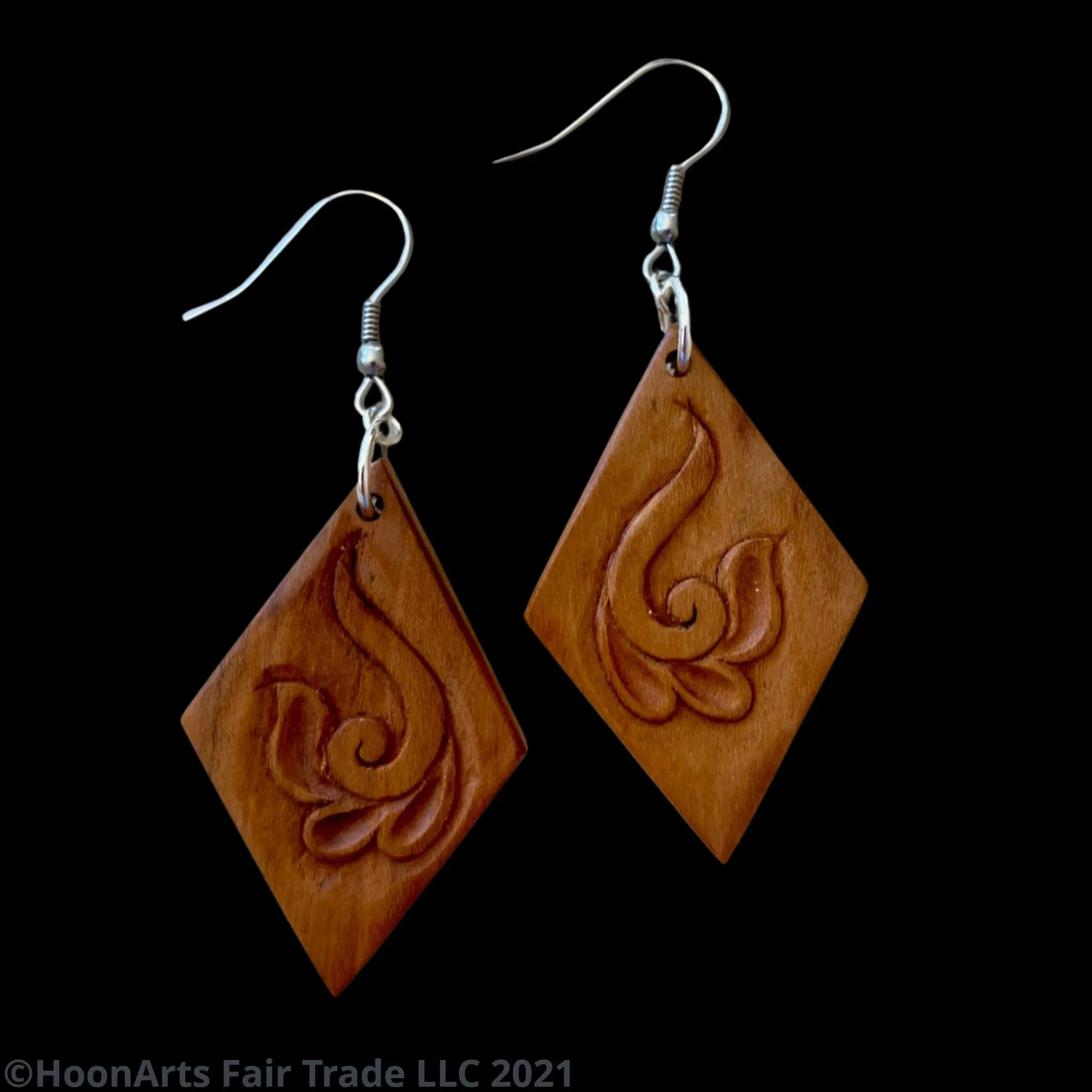 Hand Carved Earrings - Swirled Flower on Diamond