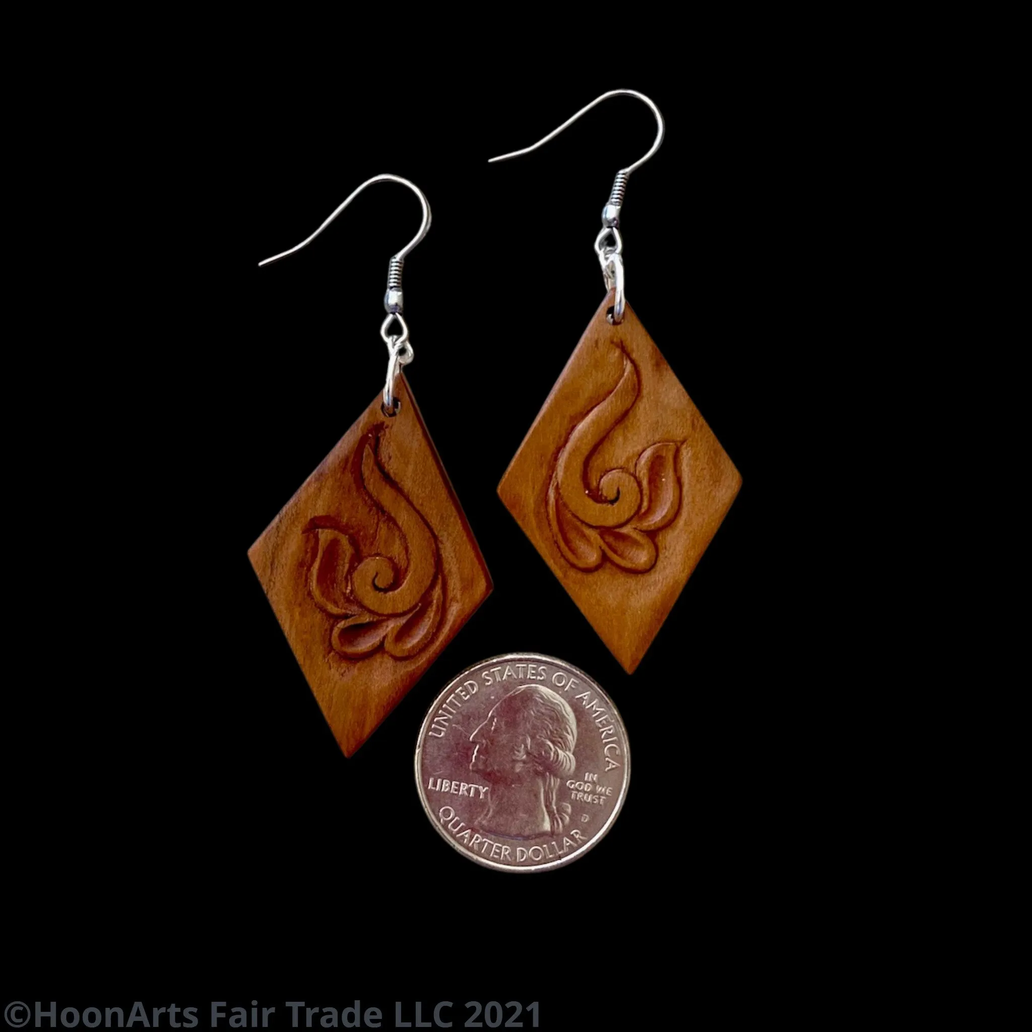 Hand Carved Earrings - Swirled Flower on Diamond