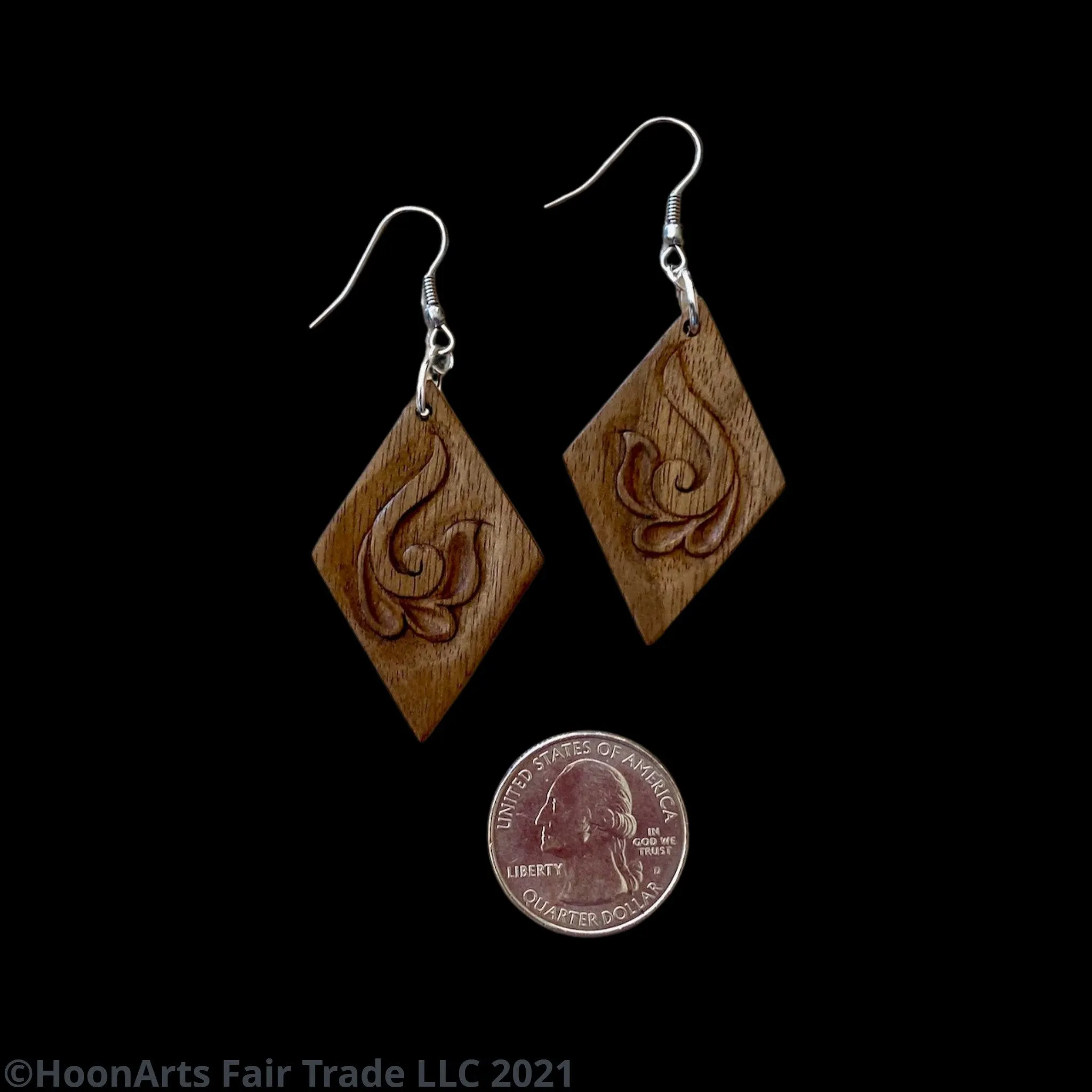 Hand Carved Earrings - Swirled Flower on Diamond