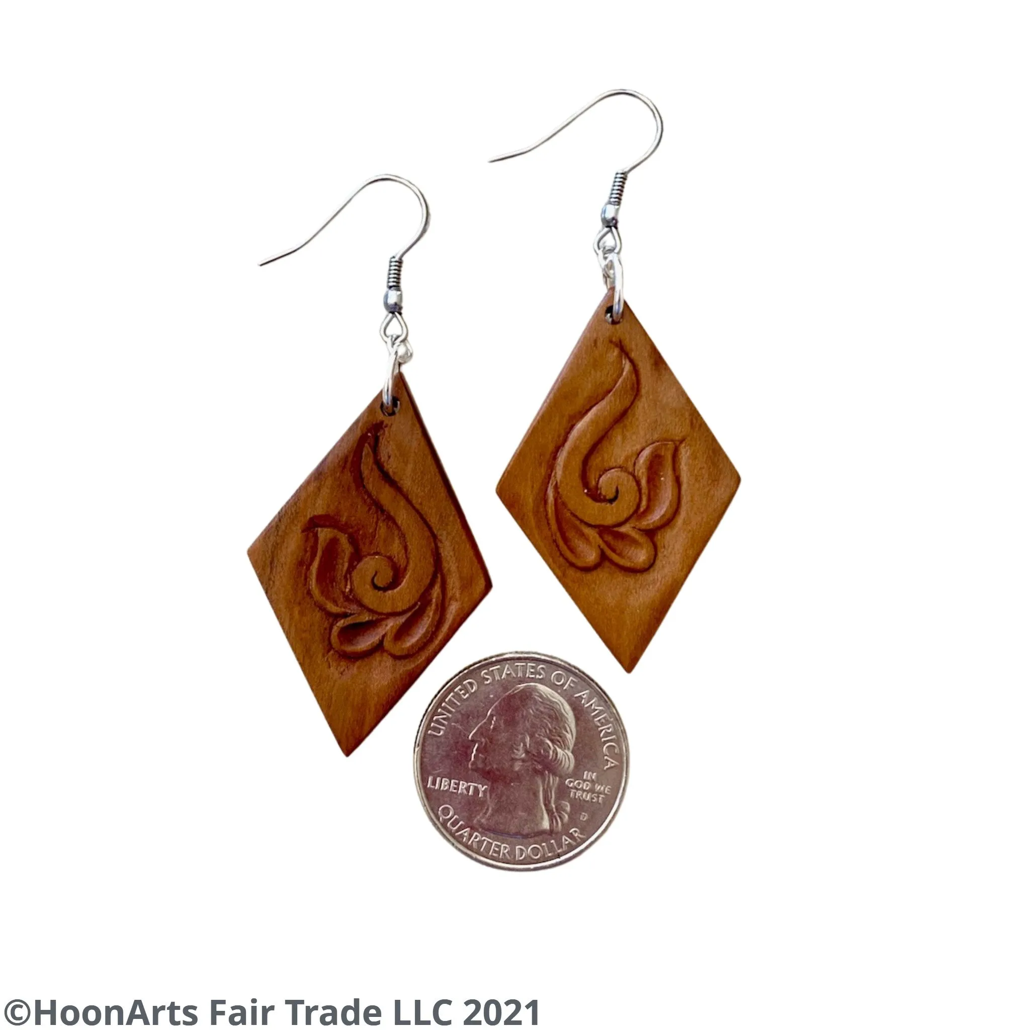 Hand Carved Earrings - Swirled Flower on Diamond