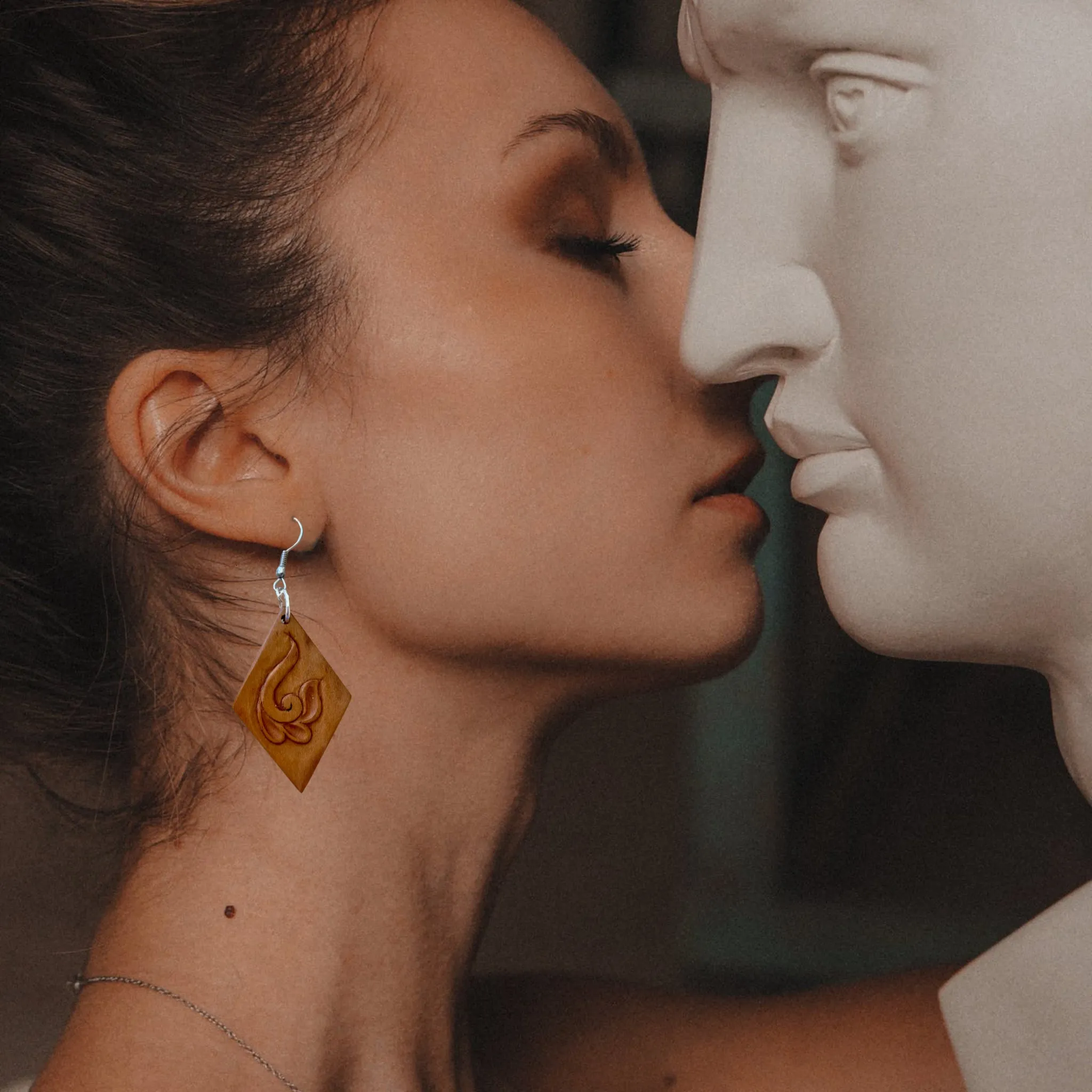Hand Carved Earrings - Swirled Flower on Diamond