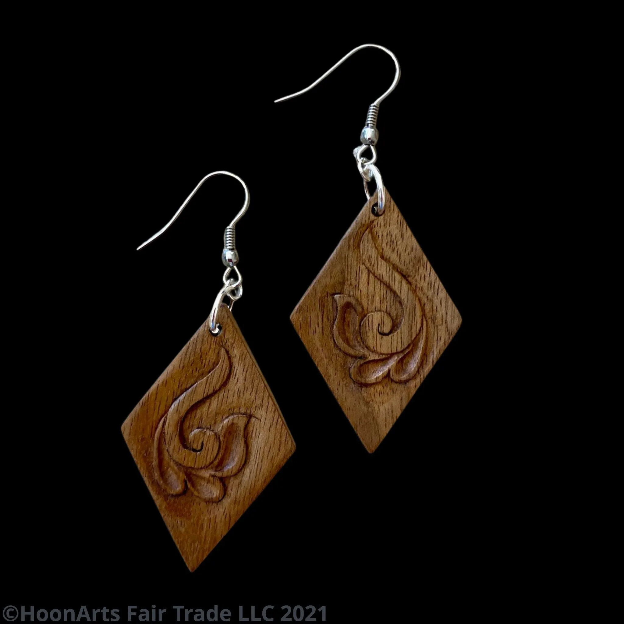 Hand Carved Earrings - Swirled Flower on Diamond