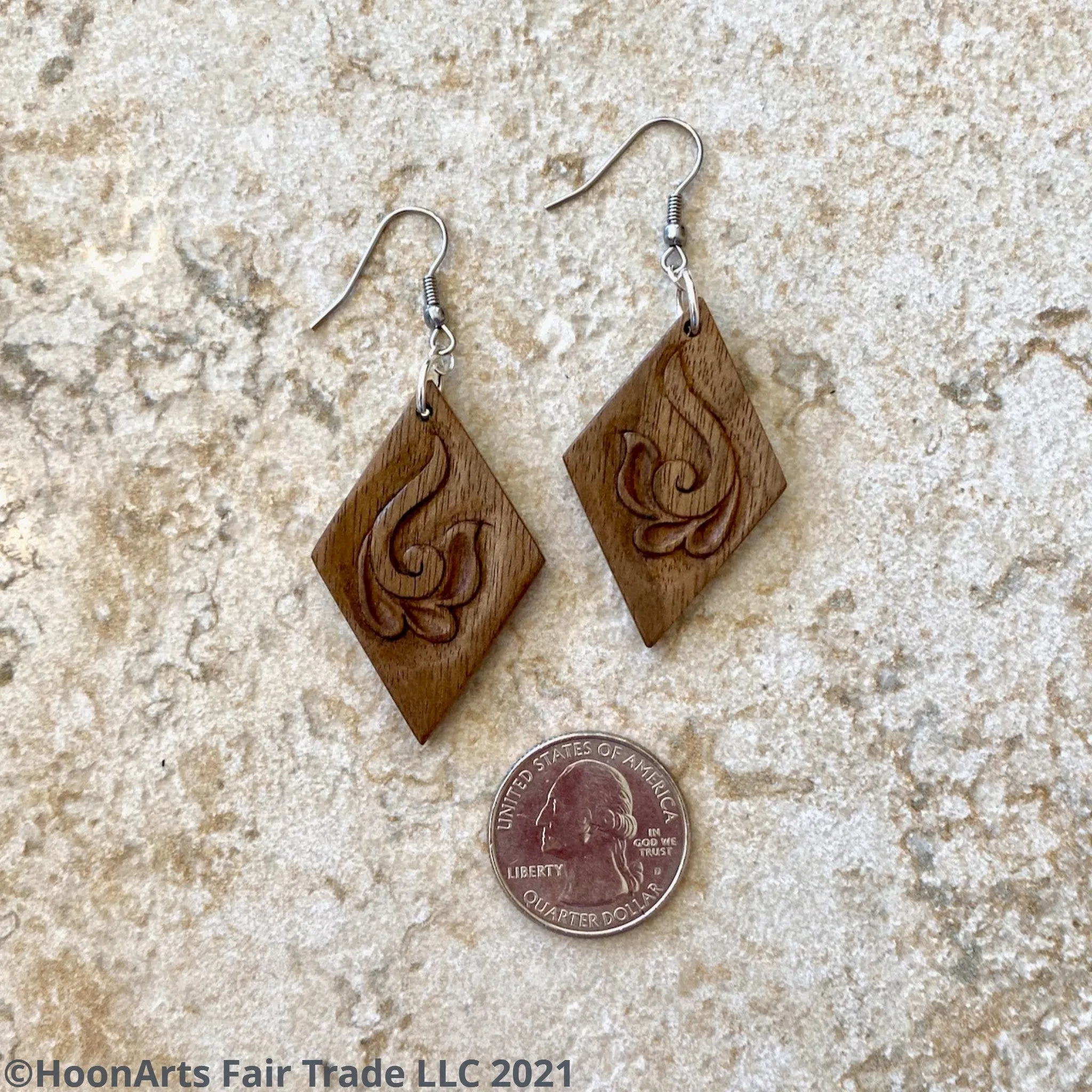 Hand Carved Earrings - Swirled Flower on Diamond