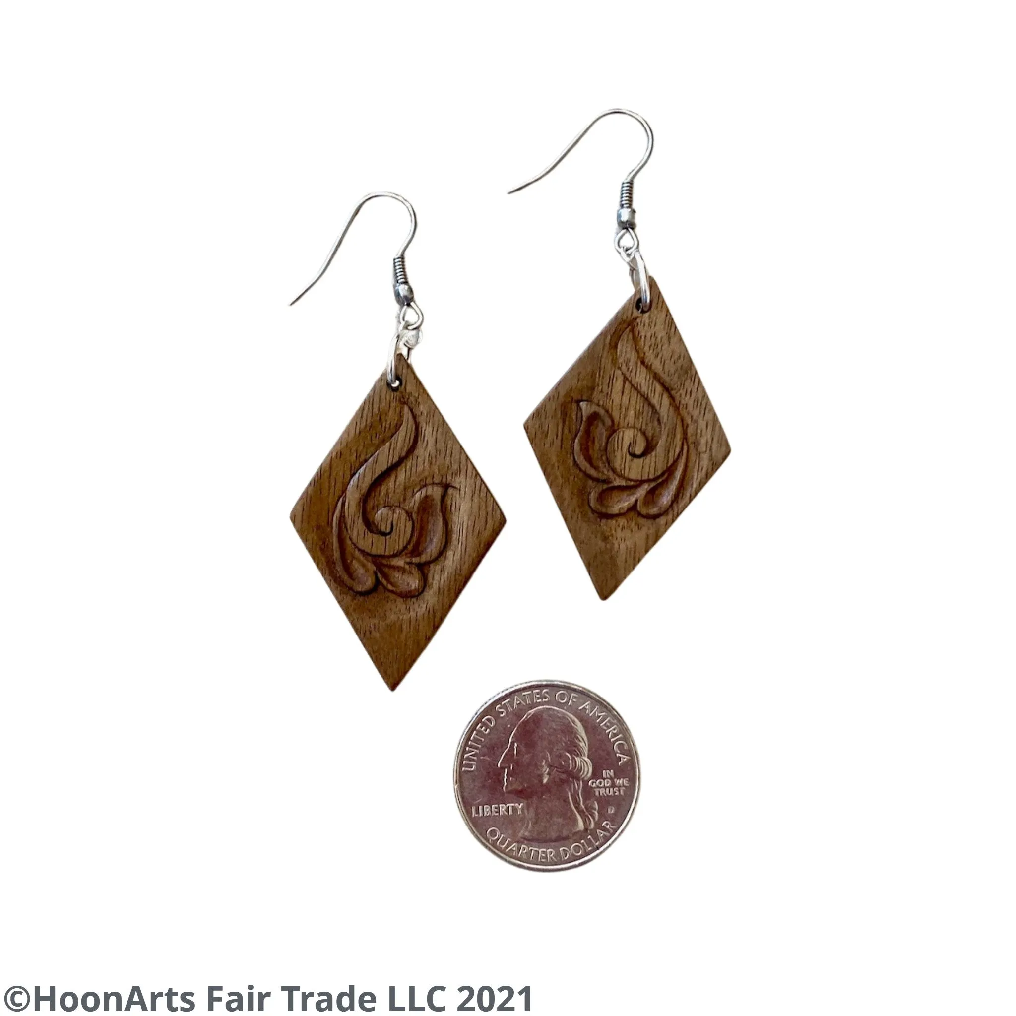 Hand Carved Earrings - Swirled Flower on Diamond