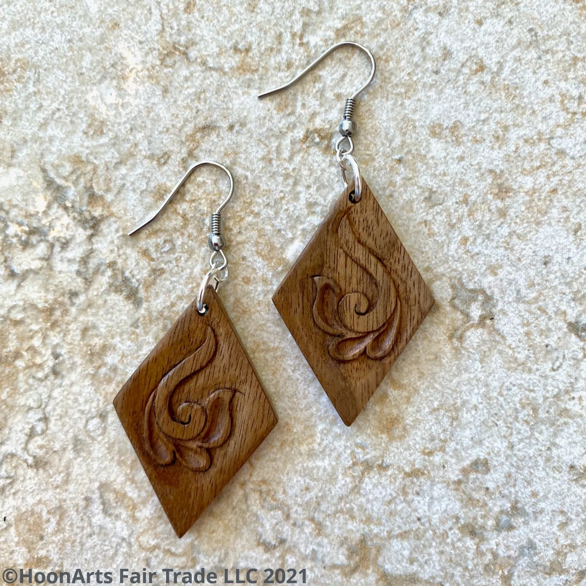 Hand Carved Earrings - Swirled Flower on Diamond