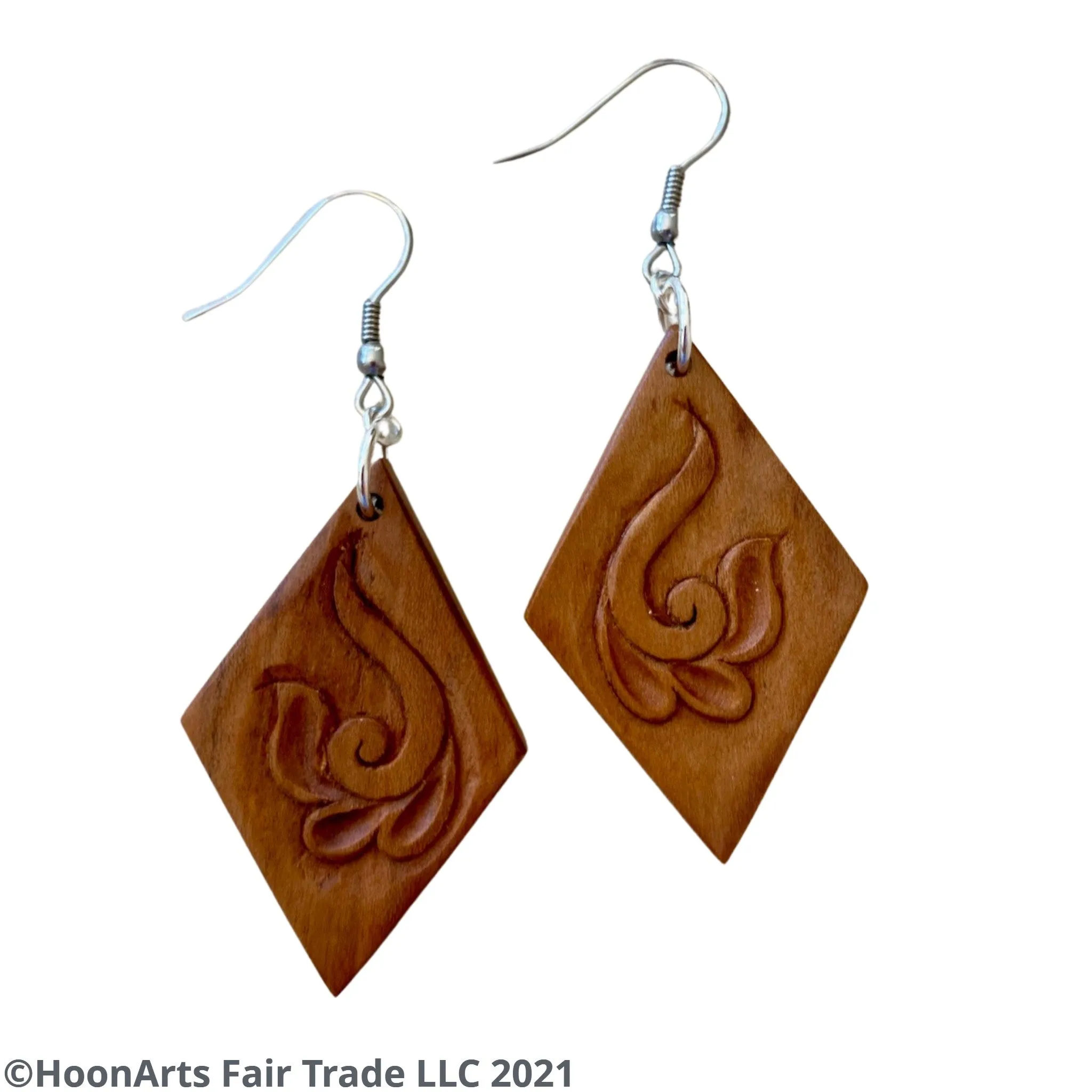 Hand Carved Earrings - Swirled Flower on Diamond