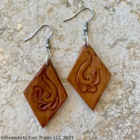 Hand Carved Earrings - Swirled Flower on Diamond