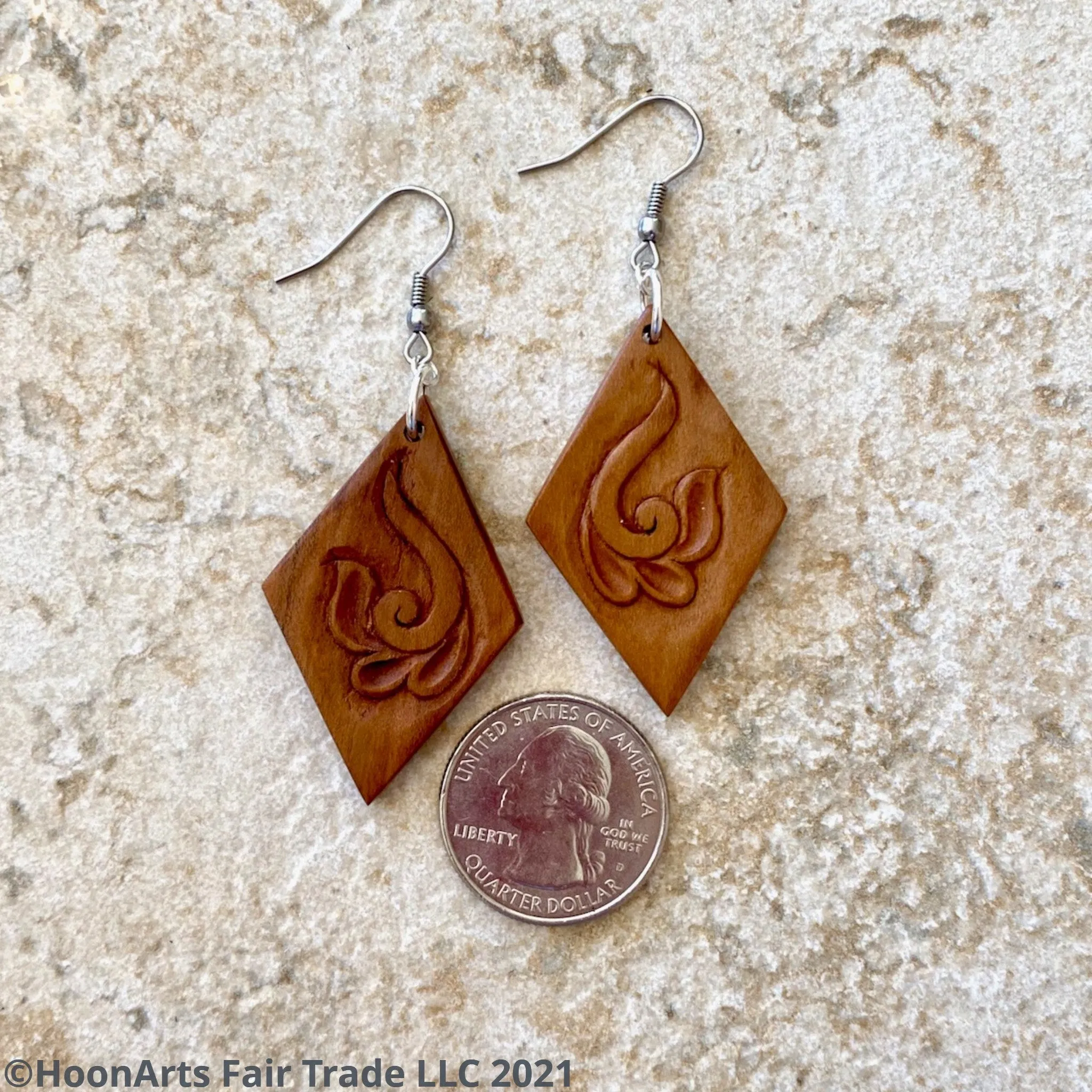 Hand Carved Earrings - Swirled Flower on Diamond