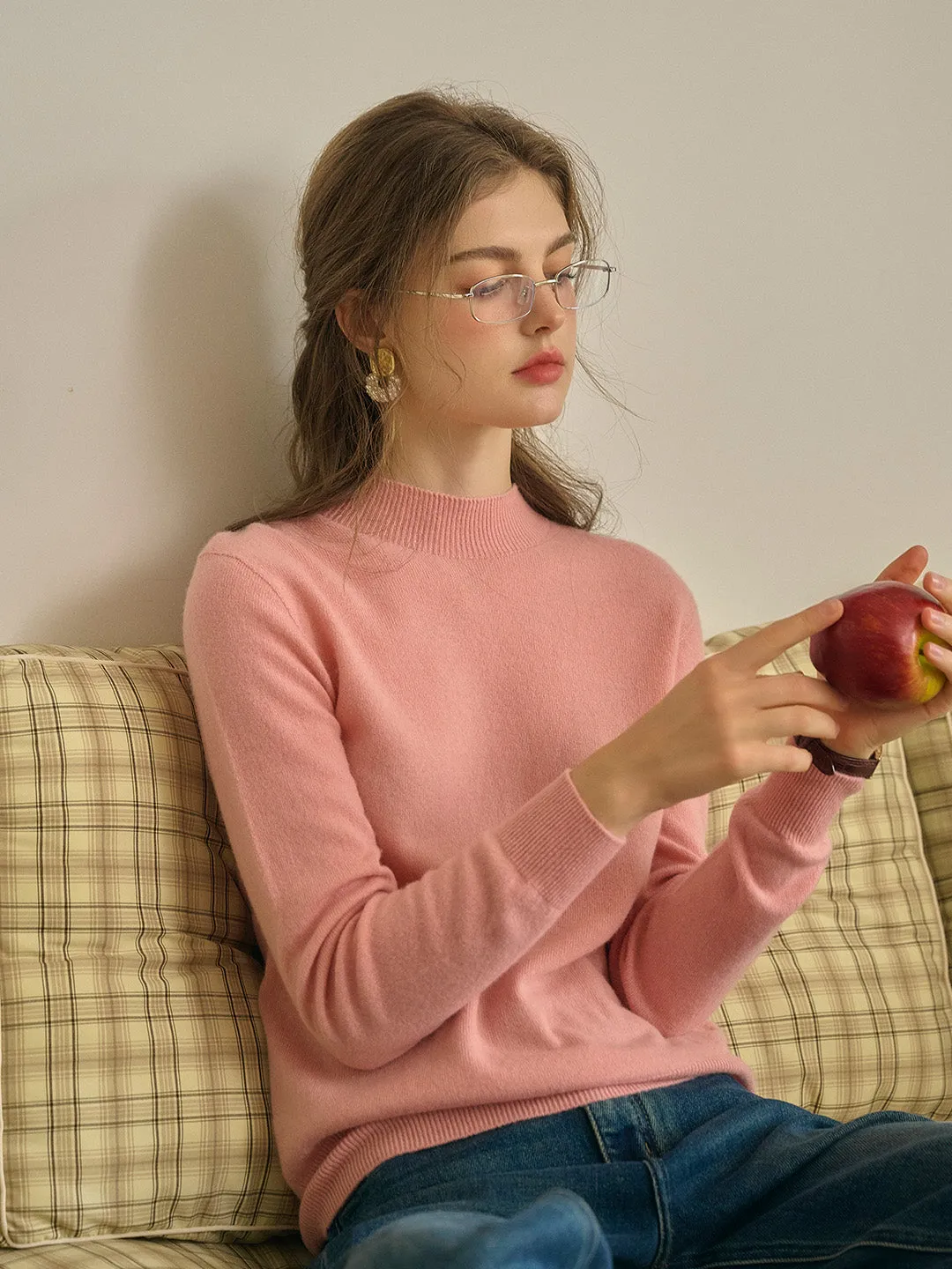 Kamari Mock Neck 100%Wool Slim Fit Knit Sweater-Pink