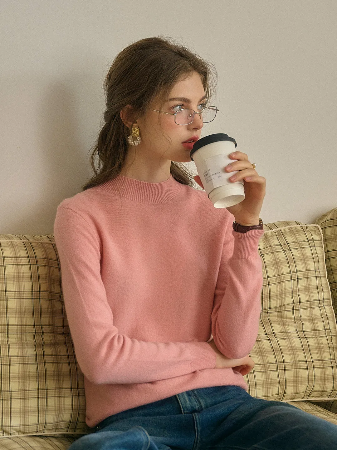 Kamari Mock Neck 100%Wool Slim Fit Knit Sweater-Pink