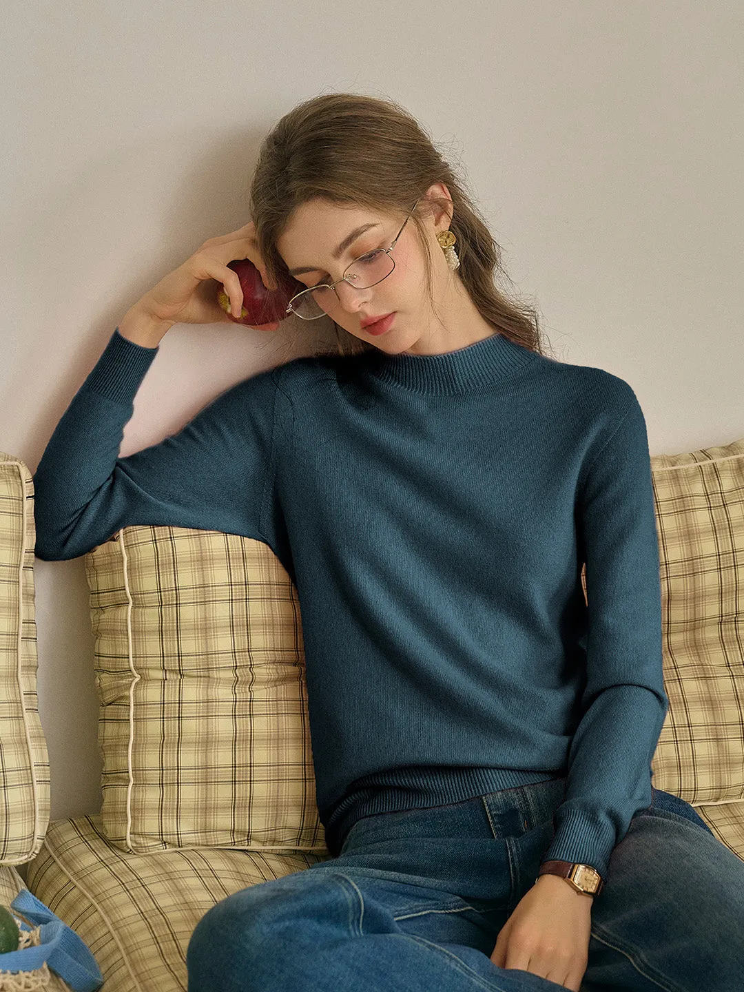 Kamari Mock Neck 100%Wool Slim Fit Knit Sweater-Pink