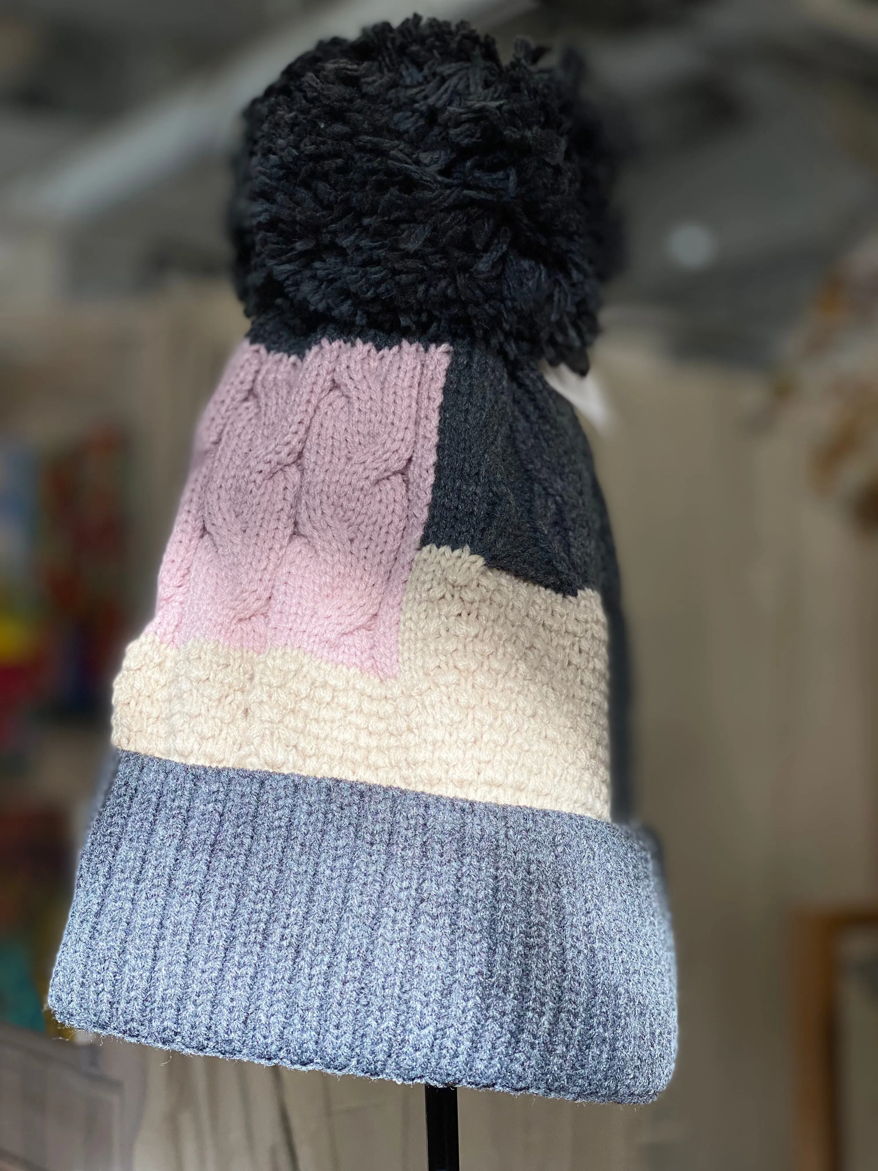Knit patchwork beanie hat fleece lined