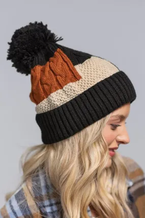 Knit patchwork beanie hat fleece lined