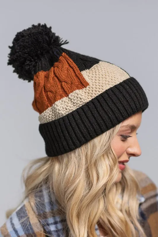 Knit patchwork beanie hat fleece lined