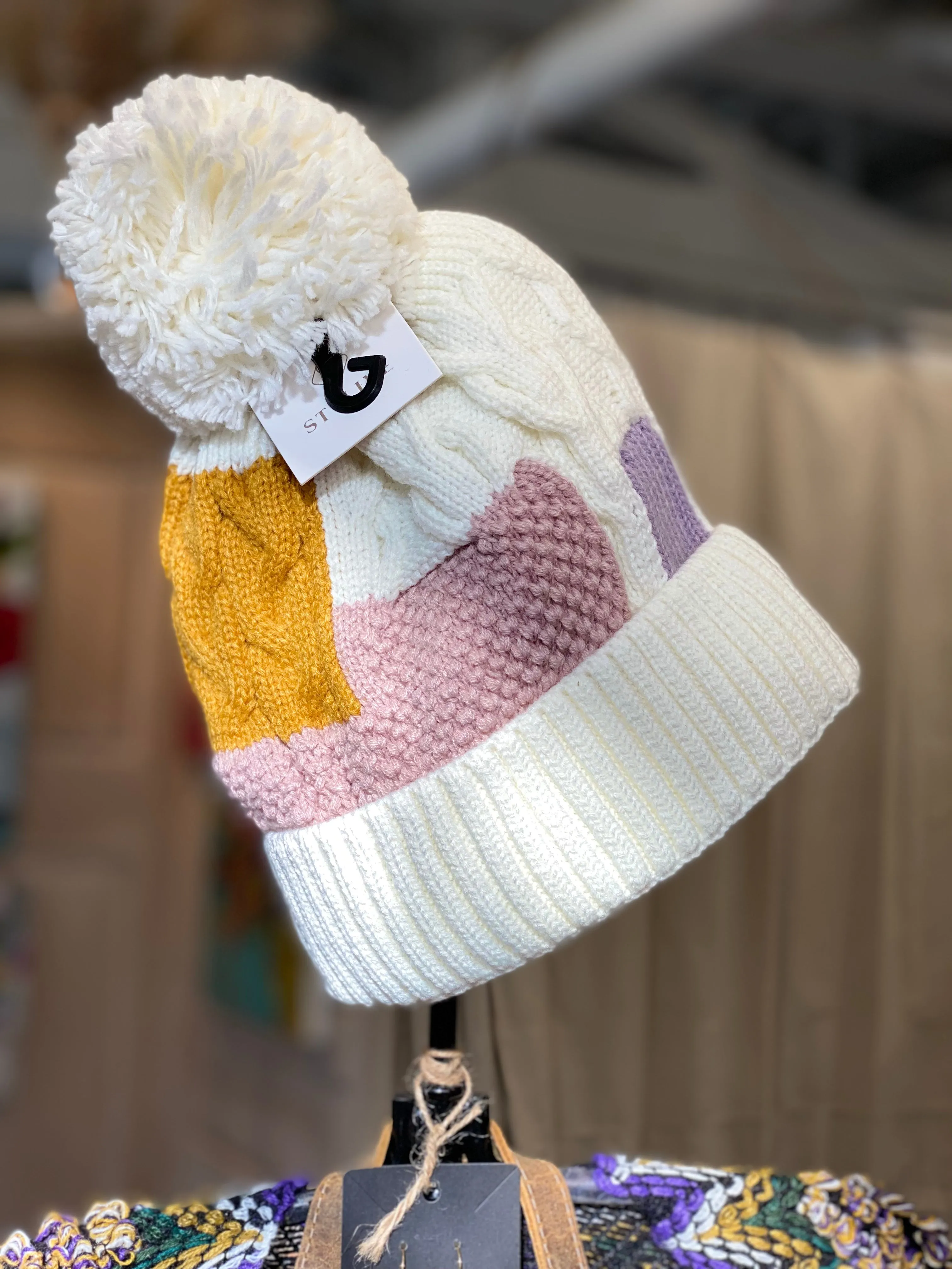 Knit patchwork beanie hat fleece lined