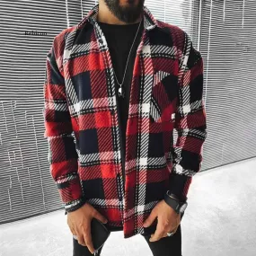 Men Spring Fashion Casual Turn-Down Collar Button Jackets Men's Vintage Plaid Print Tops Coats Male Loose Streetwear Jacket