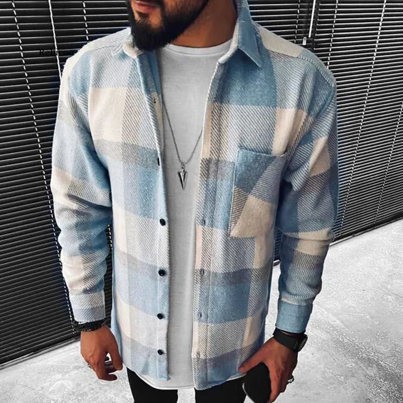 Men Spring Fashion Casual Turn-Down Collar Button Jackets Men's Vintage Plaid Print Tops Coats Male Loose Streetwear Jacket