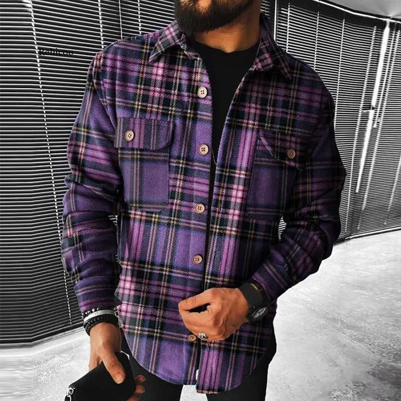 Men Spring Fashion Casual Turn-Down Collar Button Jackets Men's Vintage Plaid Print Tops Coats Male Loose Streetwear Jacket