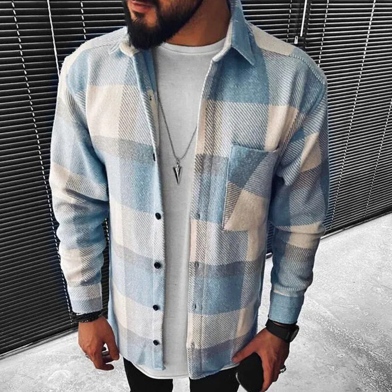 Men Spring Fashion Casual Turn-Down Collar Button Jackets Men's Vintage Plaid Print Tops Coats Male Loose Streetwear Jacket