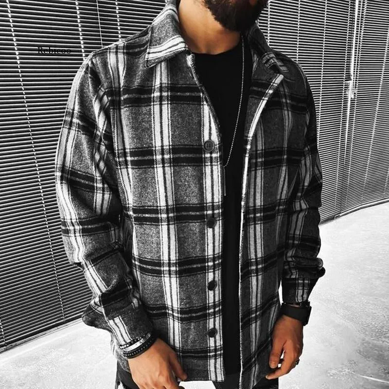 Men Spring Fashion Casual Turn-Down Collar Button Jackets Men's Vintage Plaid Print Tops Coats Male Loose Streetwear Jacket