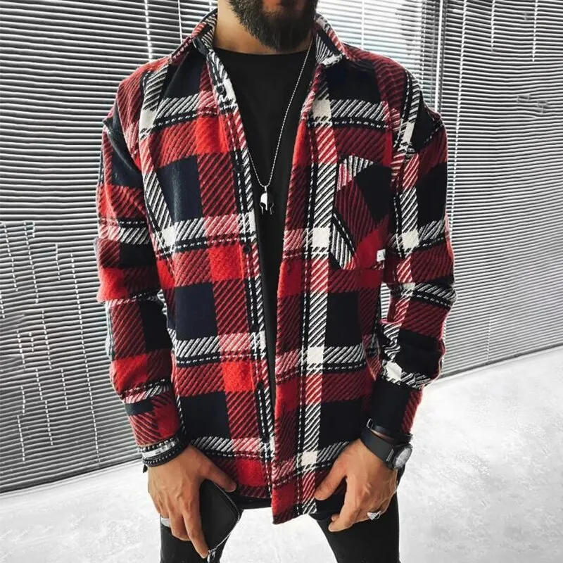 Men Spring Fashion Casual Turn-Down Collar Button Jackets Men's Vintage Plaid Print Tops Coats Male Loose Streetwear Jacket