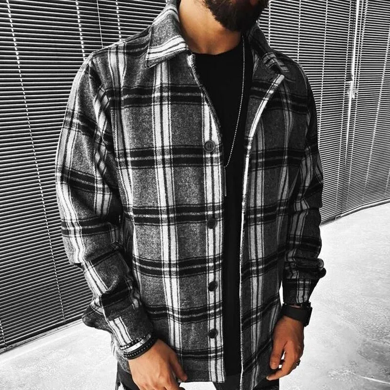 Men Spring Fashion Casual Turn-Down Collar Button Jackets Men's Vintage Plaid Print Tops Coats Male Loose Streetwear Jacket