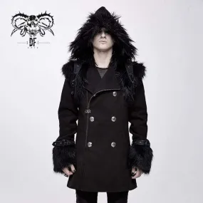 Men's Goth Double-breasted Faux Fur Hooded Coat