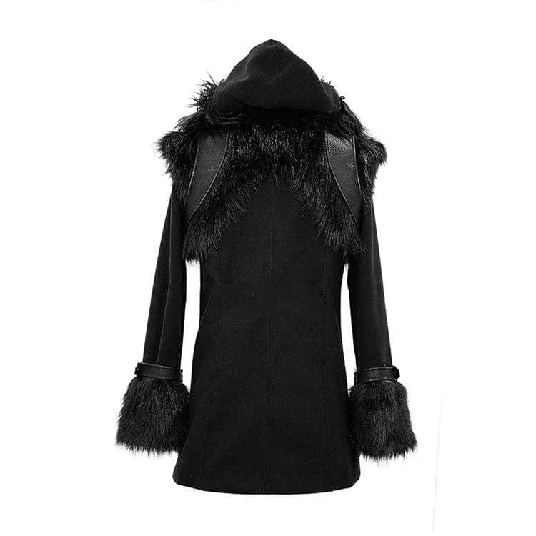 Men's Goth Double-breasted Faux Fur Hooded Coat