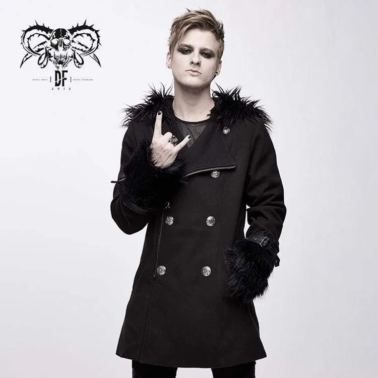 Men's Goth Double-breasted Faux Fur Hooded Coat