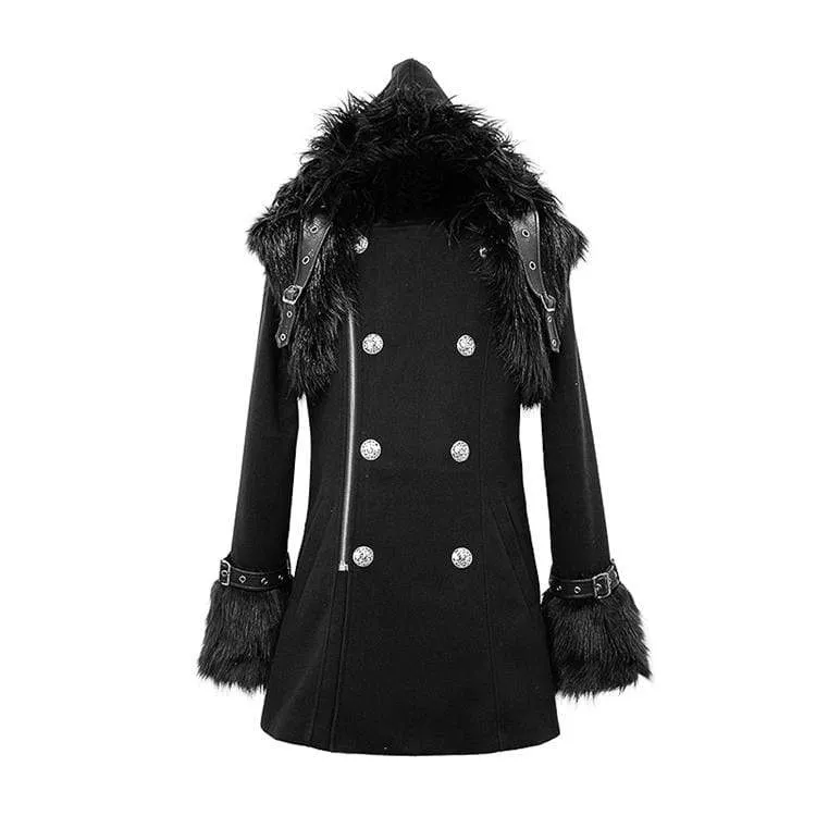 Men's Goth Double-breasted Faux Fur Hooded Coat