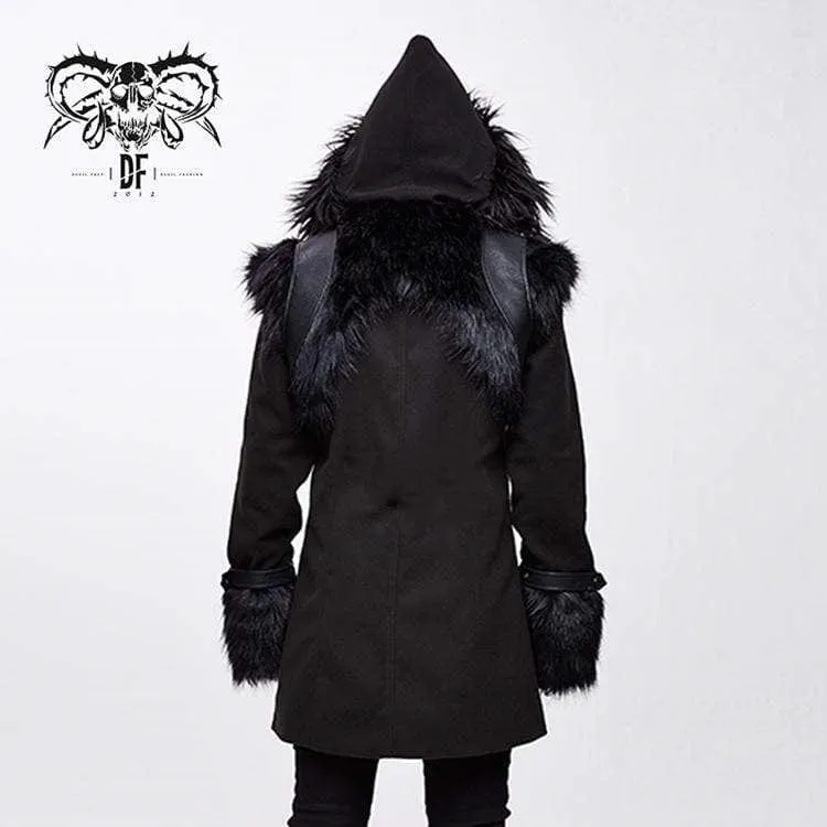 Men's Goth Double-breasted Faux Fur Hooded Coat
