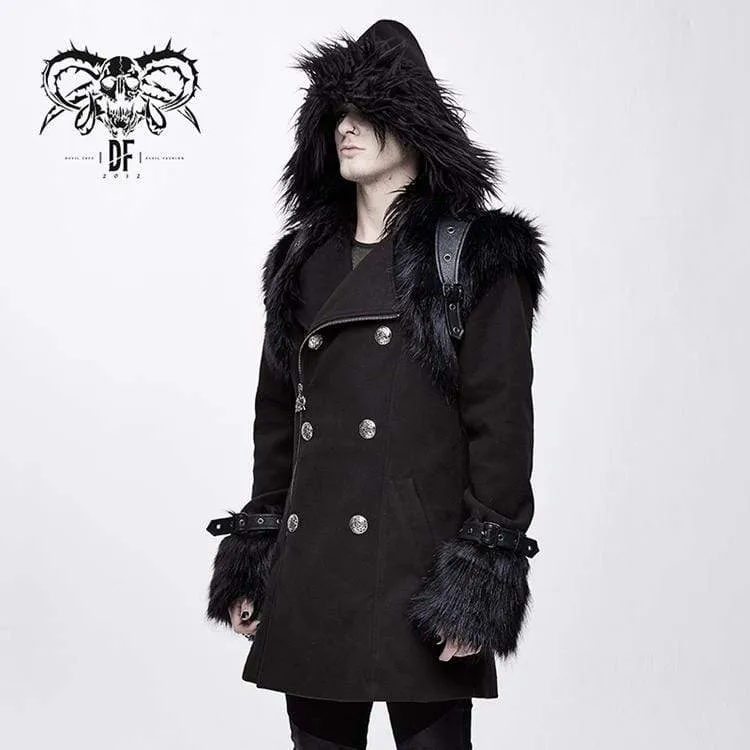 Men's Goth Double-breasted Faux Fur Hooded Coat