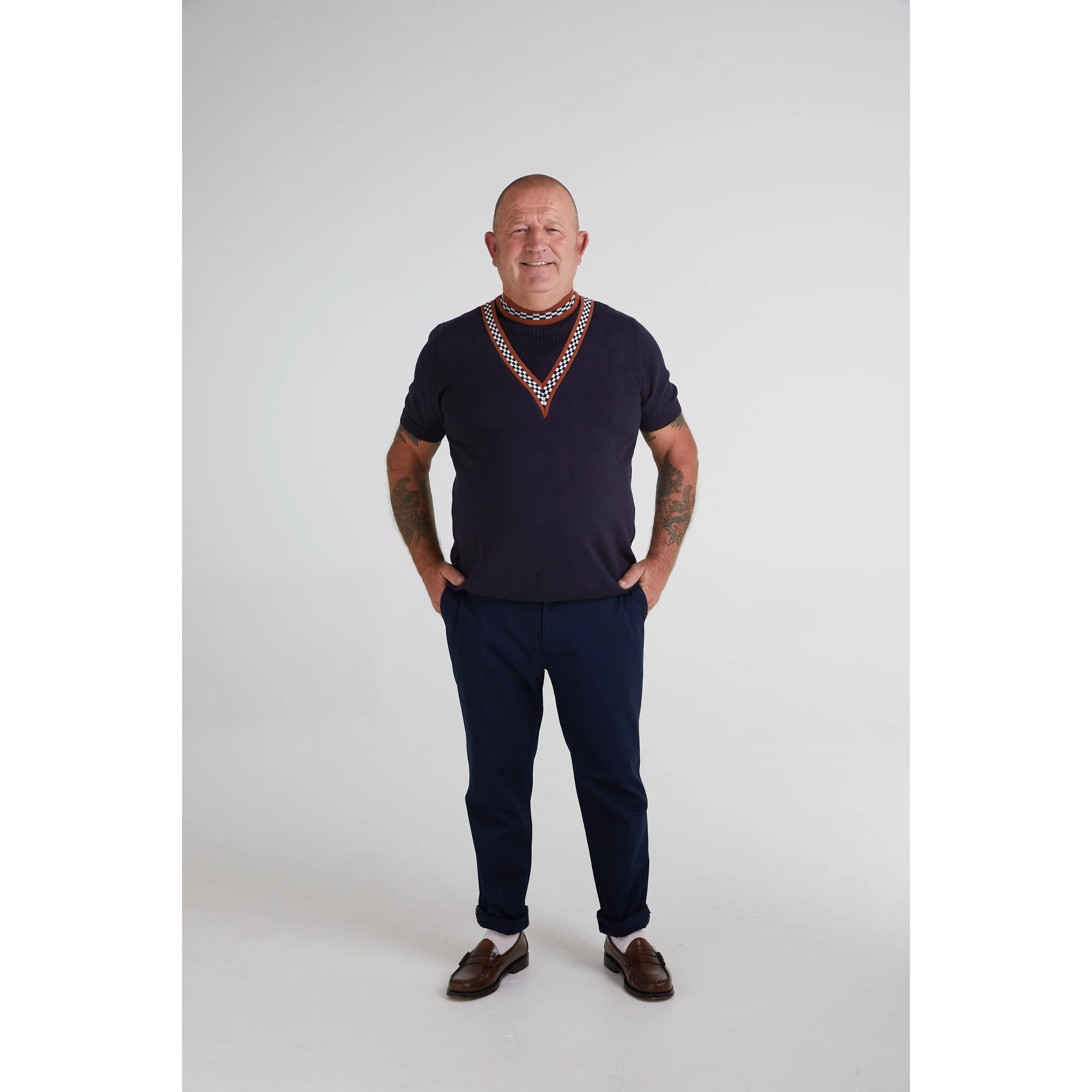 Mr Bridger - V-Insert Player Dark Navy & Ginger Chequerboard - Knit
