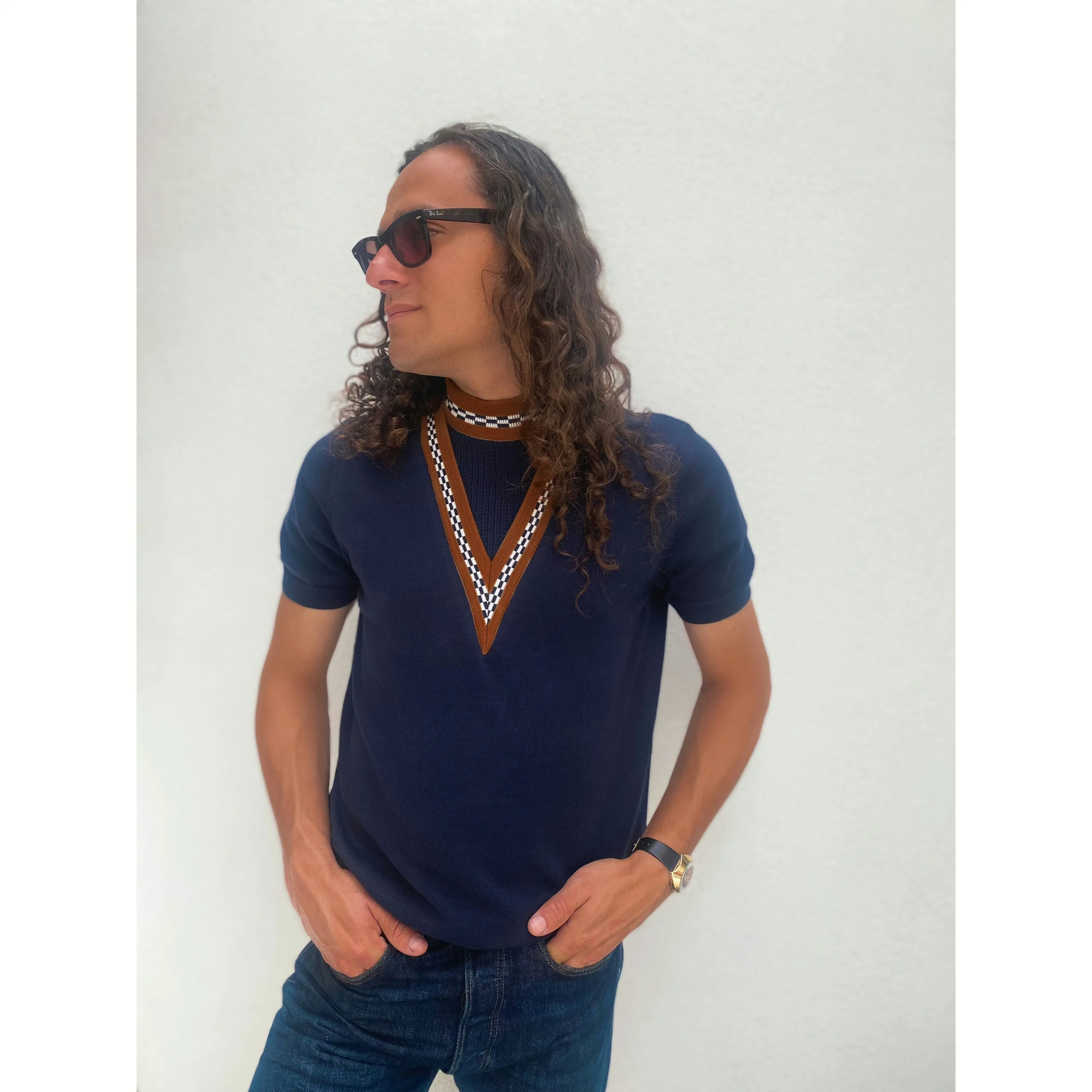 Mr Bridger - V-Insert Player Dark Navy & Ginger Chequerboard - Knit