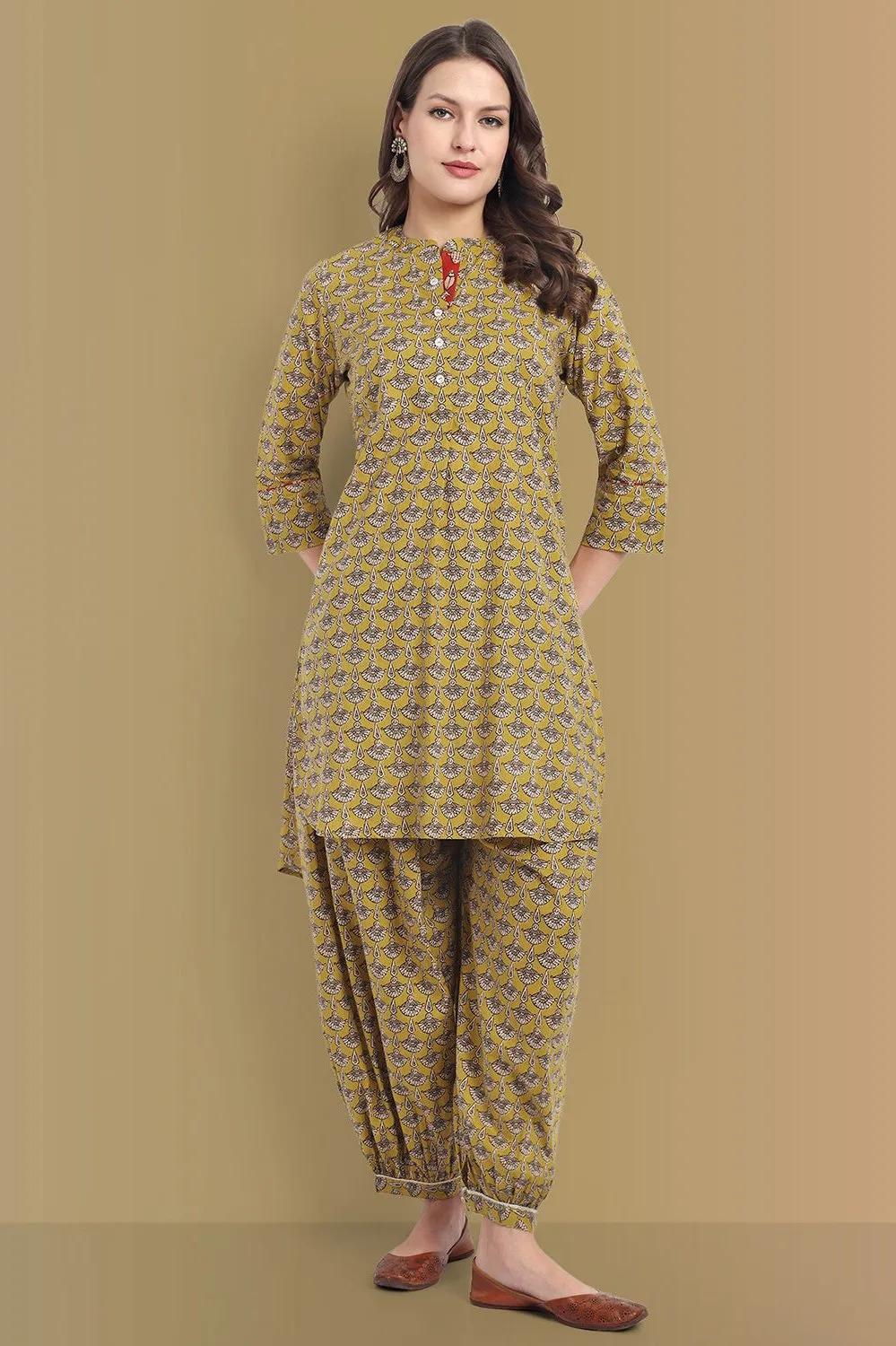 Mustard Mosaic Ajrak Short Asymmetrical Kurta with Harem Pant - Set of 2