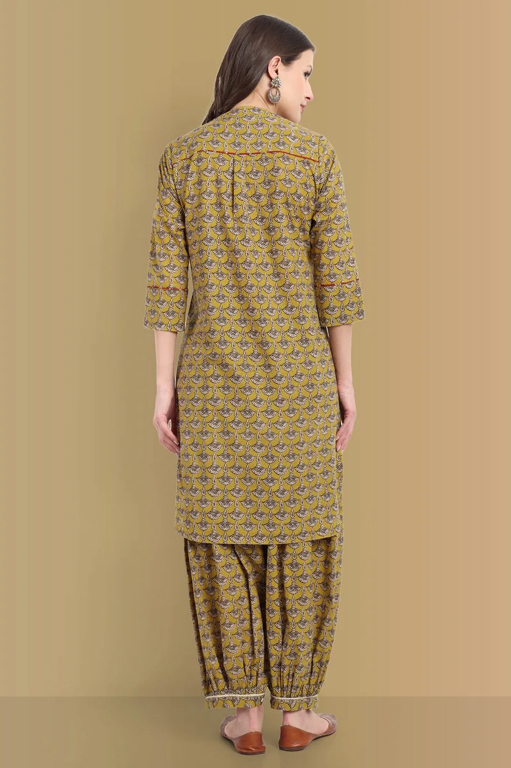 Mustard Mosaic Ajrak Short Asymmetrical Kurta with Harem Pant - Set of 2