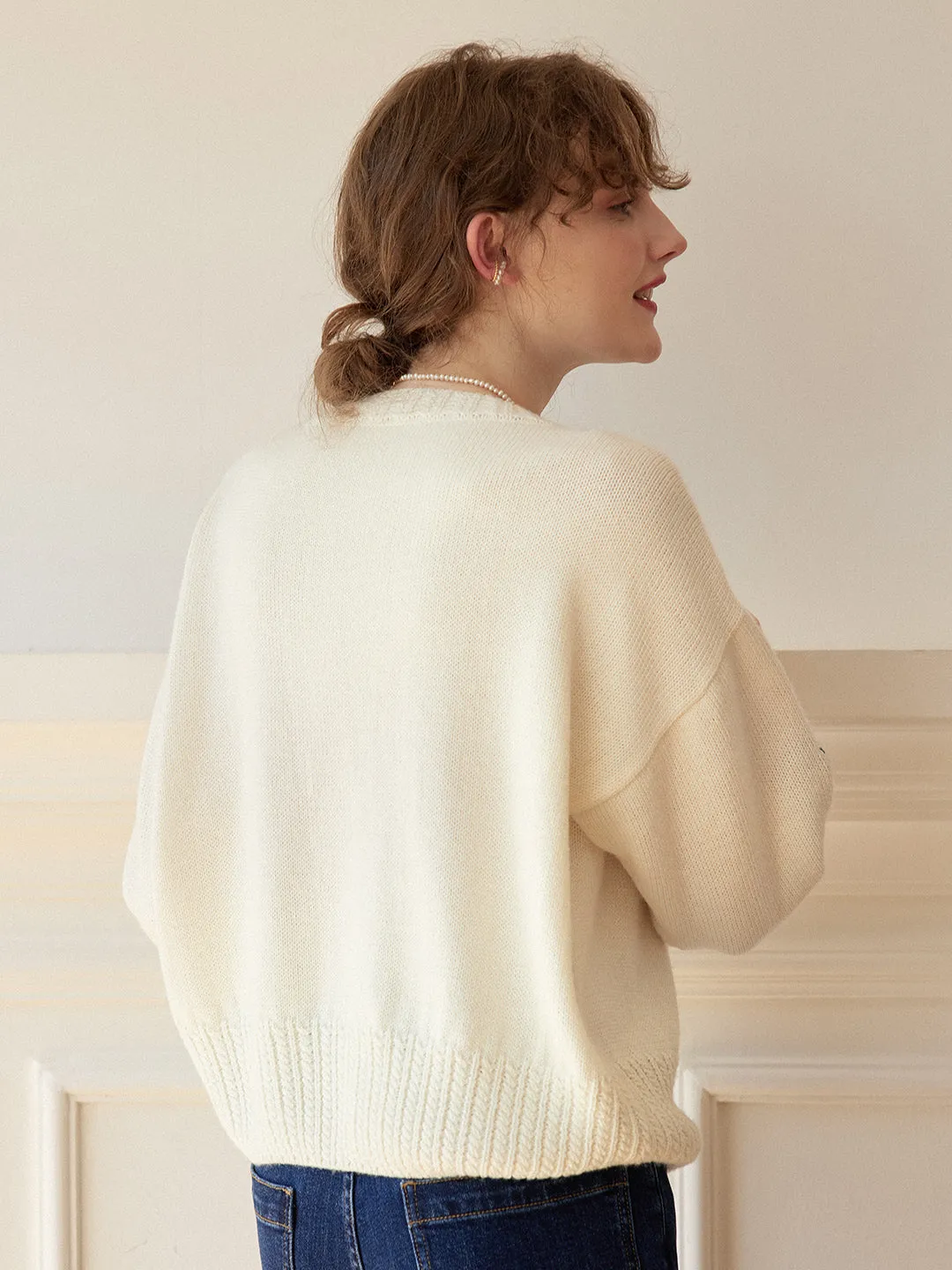 Noemi Rose Jacquard White Knit Cardigan