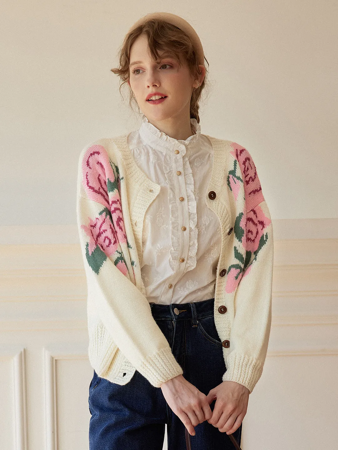 Noemi Rose Jacquard White Knit Cardigan